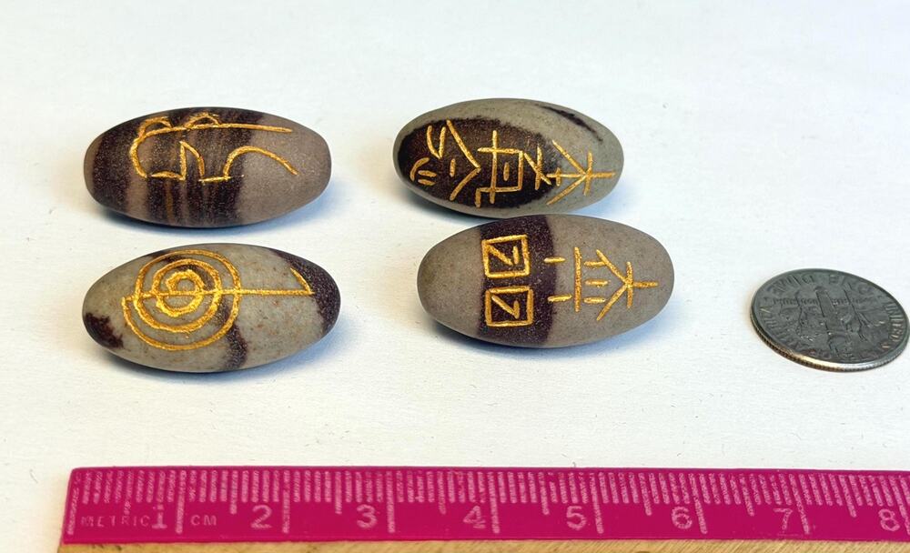Set of Four Shiva Lingam Reiki Stones with Gilt Symbol/Sigil Carving